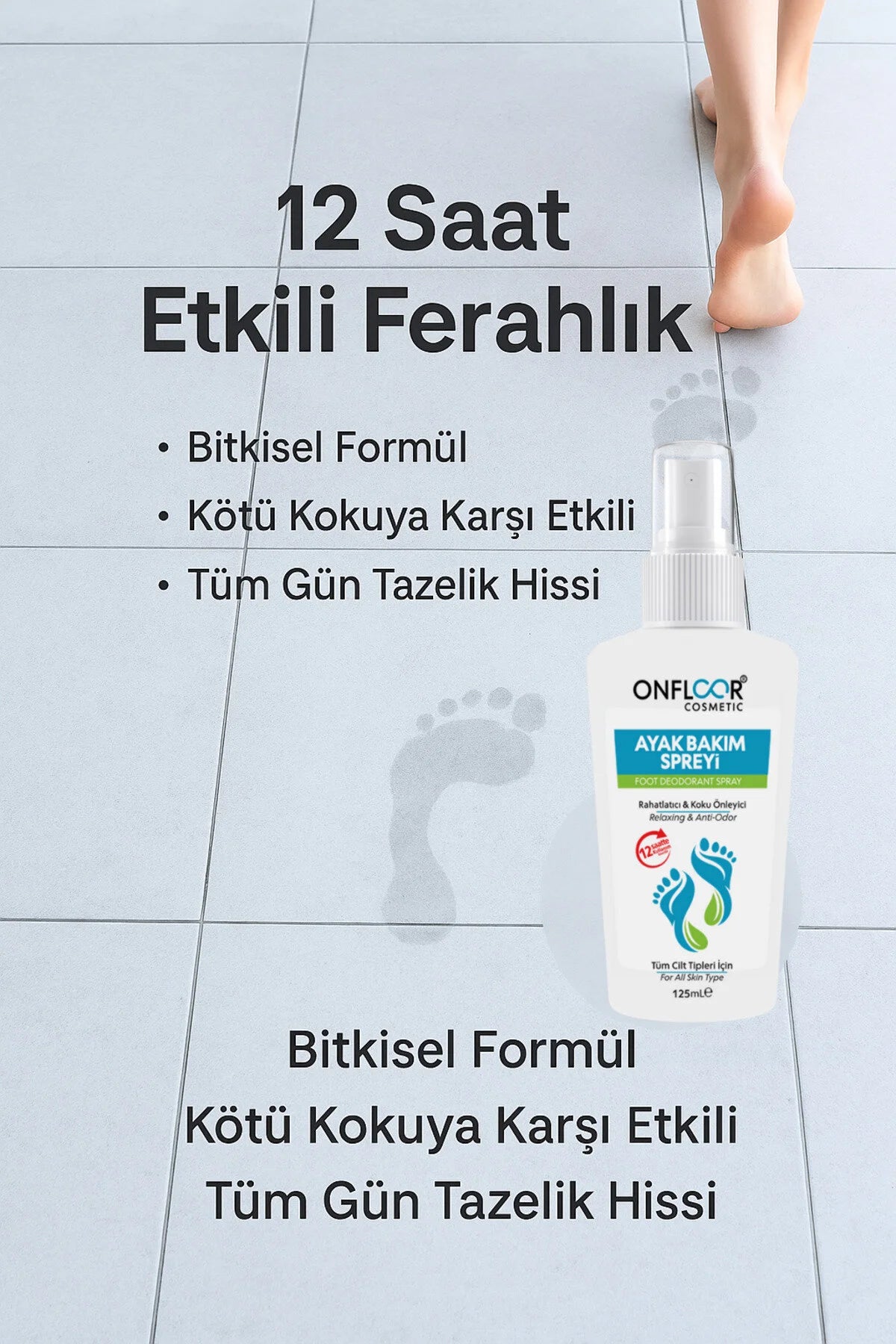 Onfloor Foot Deodorant Spray - Voetverzorgingsspray - Anti-Geur - Verfrissende - Verkoelende & Ontspannende voetverzorging met aloë-extract & munt - Werkt tot 12 uur & Lang fris gevoel - Licht & Draagbaar - Dagelijks gebruik - 125 ml