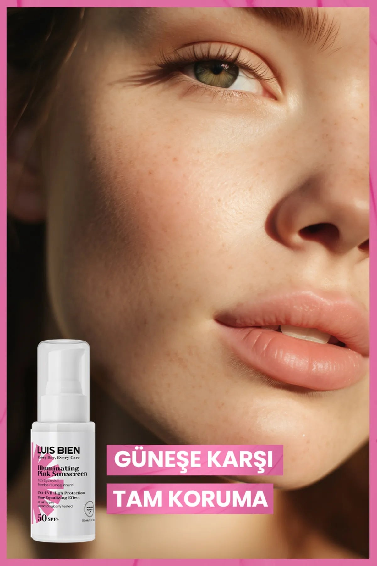 Luis Bien Illuminating Pink Sunscreen SPF 50+ / UVA-UVB hoge beschermingstoon Egaliserende werking - Verhelderende Roze Zonnebrandcreme - Anti-vlekjes & Hydraterend - Dermatologisch getest - Alle huidtypen 50 ml