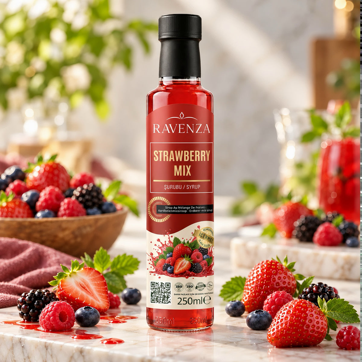 Ravenza Strawberry Mix – Aardbeienmix Siroop met Aardbei, Framboos, Braam & Blauwe Bes – Met L-Carnitine, Vitamine C, B2, B6 & Q10 – 250 ml