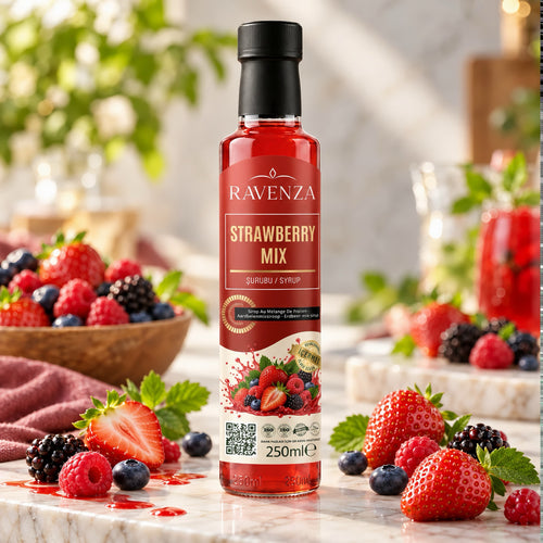 Ravenza Strawberry Mix – Aardbeienmix Siroop met Aardbei, Framboos, Braam & Blauwe Bes – Met L-Carnitine, Vitamine C, B2, B6 & Q10 – 250 ml