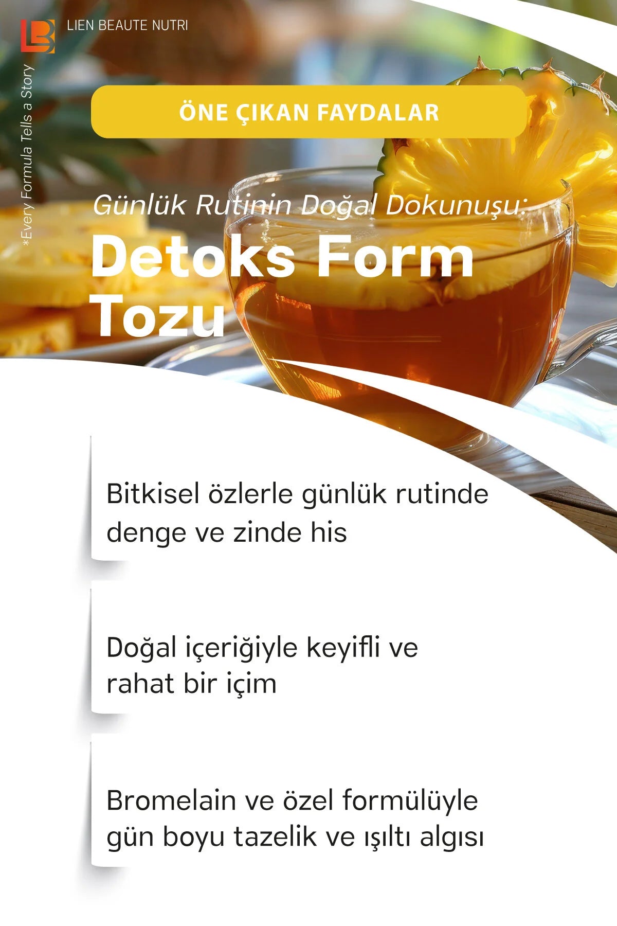 Lien Beauté Mixed Herbal Powder Ananas 90 g - Kruidenpoeder met Groene Thee & Mate - 30 Dagen Gebruik