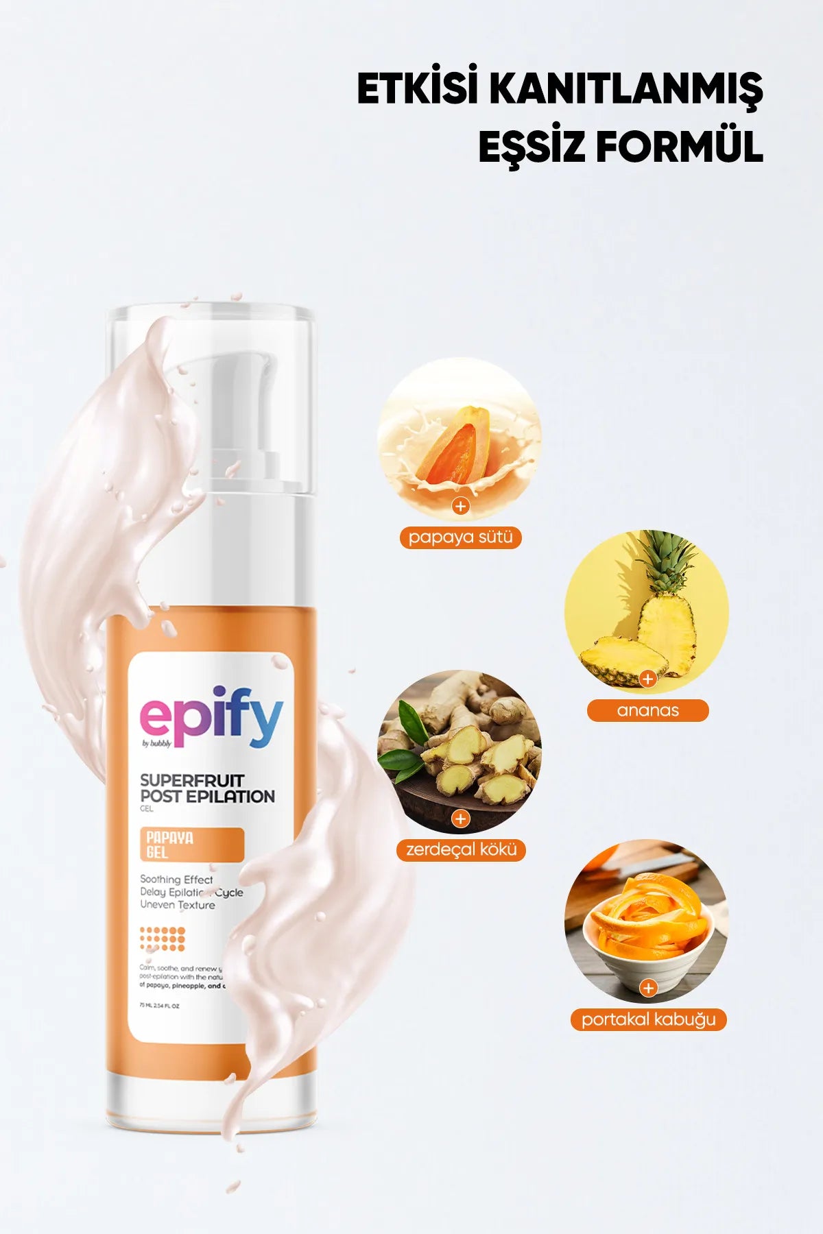Epify Superfruit Post Epilation Papaja Gel Soothing Effect Thins Hair Gradually - Gel voor Na-Epilatie - Verzachtend effect - Vetraagt de epilatiecyclus - Kalmeert+Verzacht+Vernieuw huid na het epileren met kracht van papaja-ananas-curcumine - 75 ml