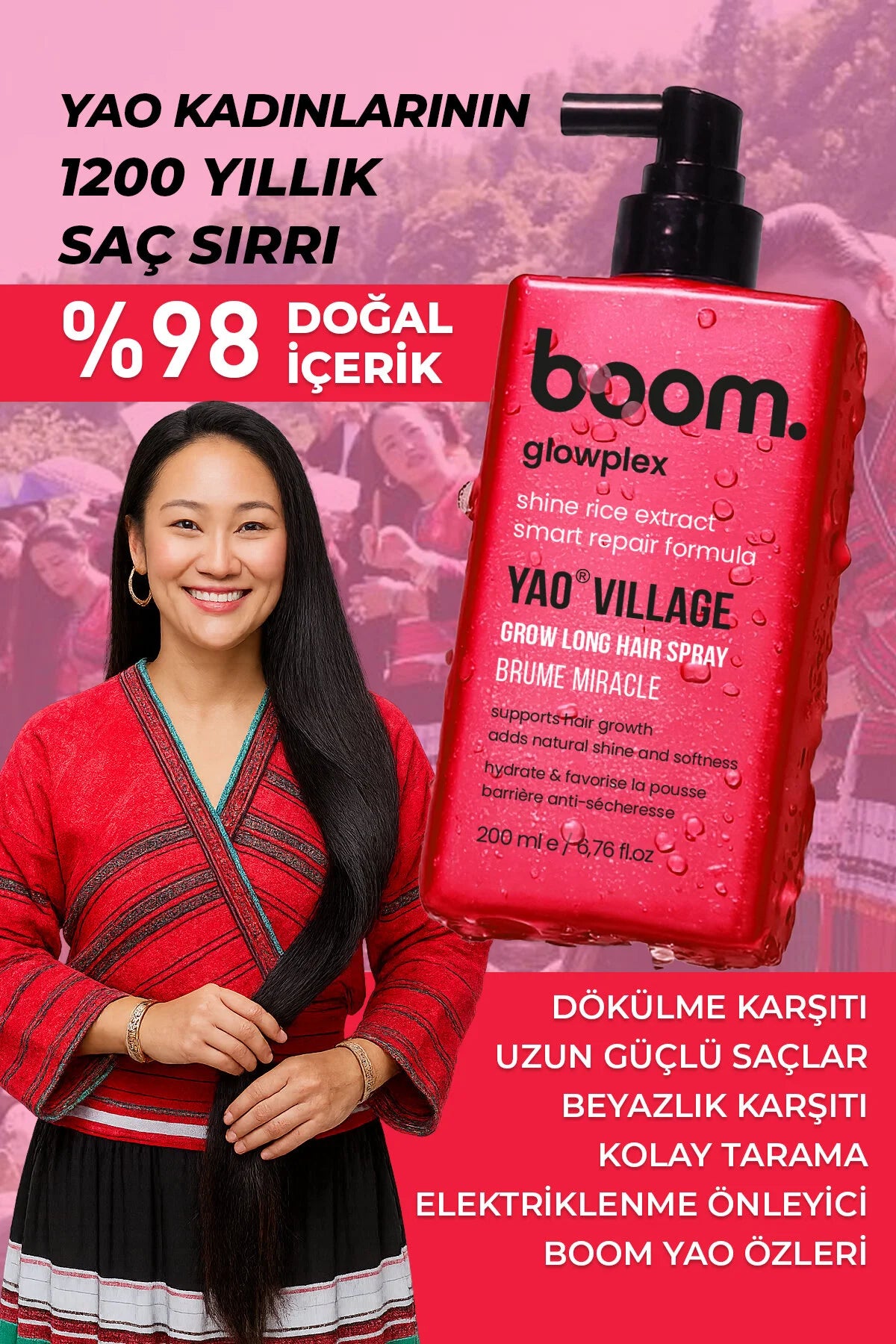 Boom Glowplex Yao Village Spray - Haargroei Versterkende Spray - Met Gefermenteerde Yao Rijst / Lijnzaad & Kokosolie - Ter bevordering van haargroei & Ter voorkoming van haaruitval - Versterkend & Glansgevend - 200 ml