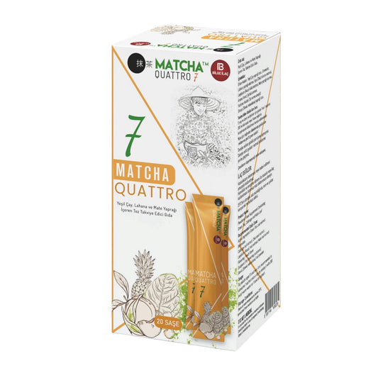 Matcha Premium Japanese Quattro 7 Poeder Sachets – Perziksmaak – Voedingssupplement met Groene Thee & Mate – 20 Stuks