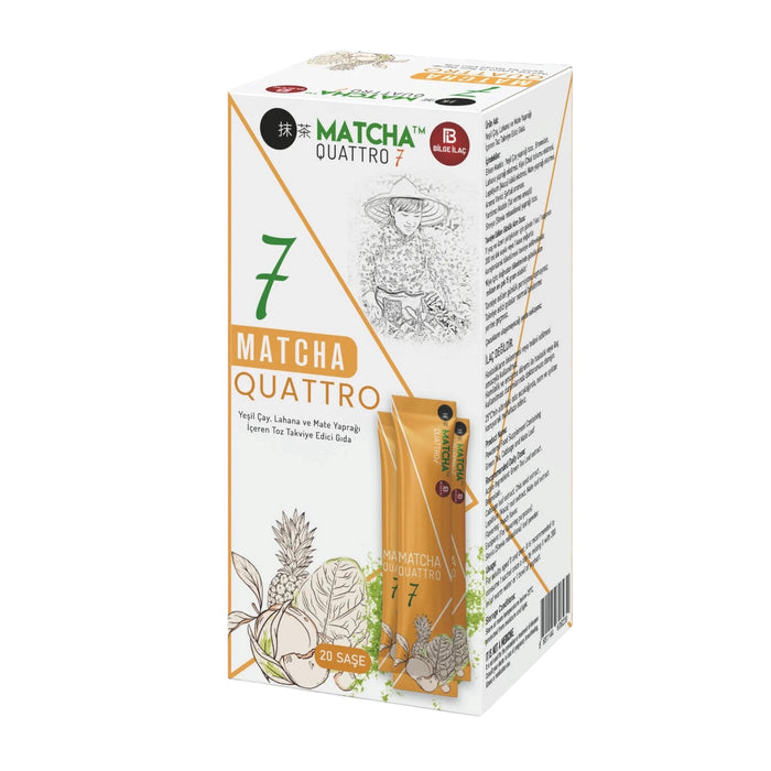 Matcha Premium Japanese Quattro 7 Poeder Sachets – Perziksmaak – Voedingssupplement met Groene Thee & Mate – 20 Stuks