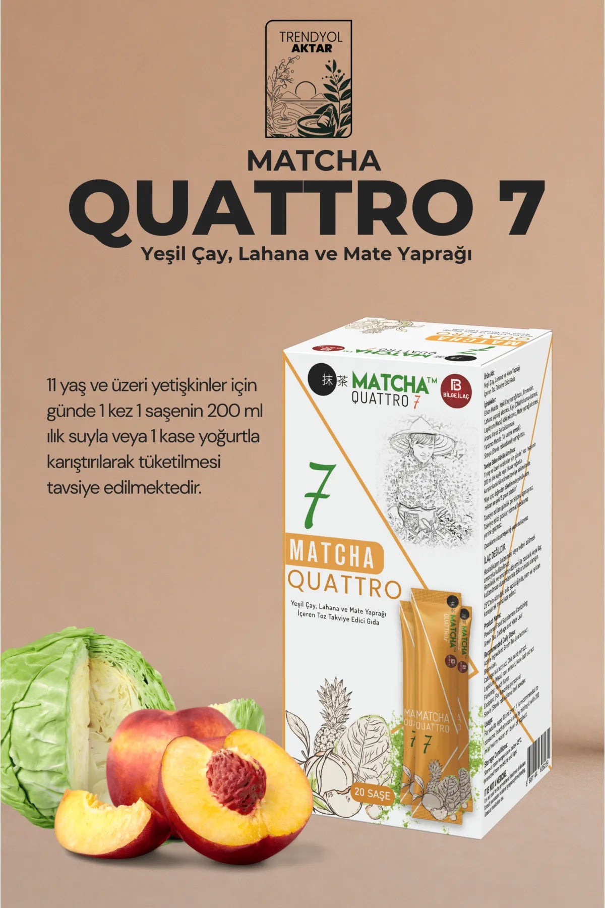 Matcha Premium Japanse Detox - Matcha Quattro 7 Perziksmaak Detox Brander Thee met Matcha - Boerenkool en Matebladeren 20 stuks