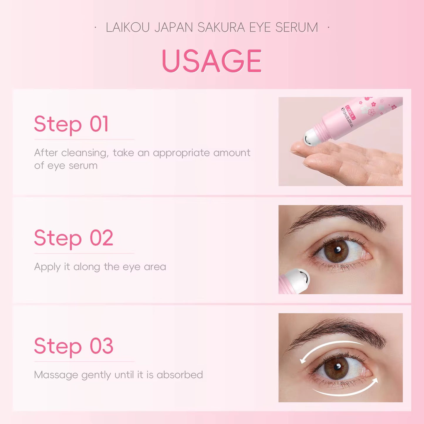LAIKOU Japan Sakura Eye Serum - Oogserum voor donkere kringen - Oogroller voor droge ogen - Serum voor zware wallen onder de ogen 15ml
