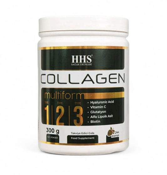 HHS Collagen (Gehydrolyseerd Collageen) Multiform Type 1-2-3 met Hyaluronzuur/Vitamine C/Glutathion/Alfa-lipoïnezuur & Biotine - Complete verzorging voor schoonheid gewrichten en vitaliteit (huid/haar/nagels) Aardbeiensmaak - Voedingssupplement 300 g