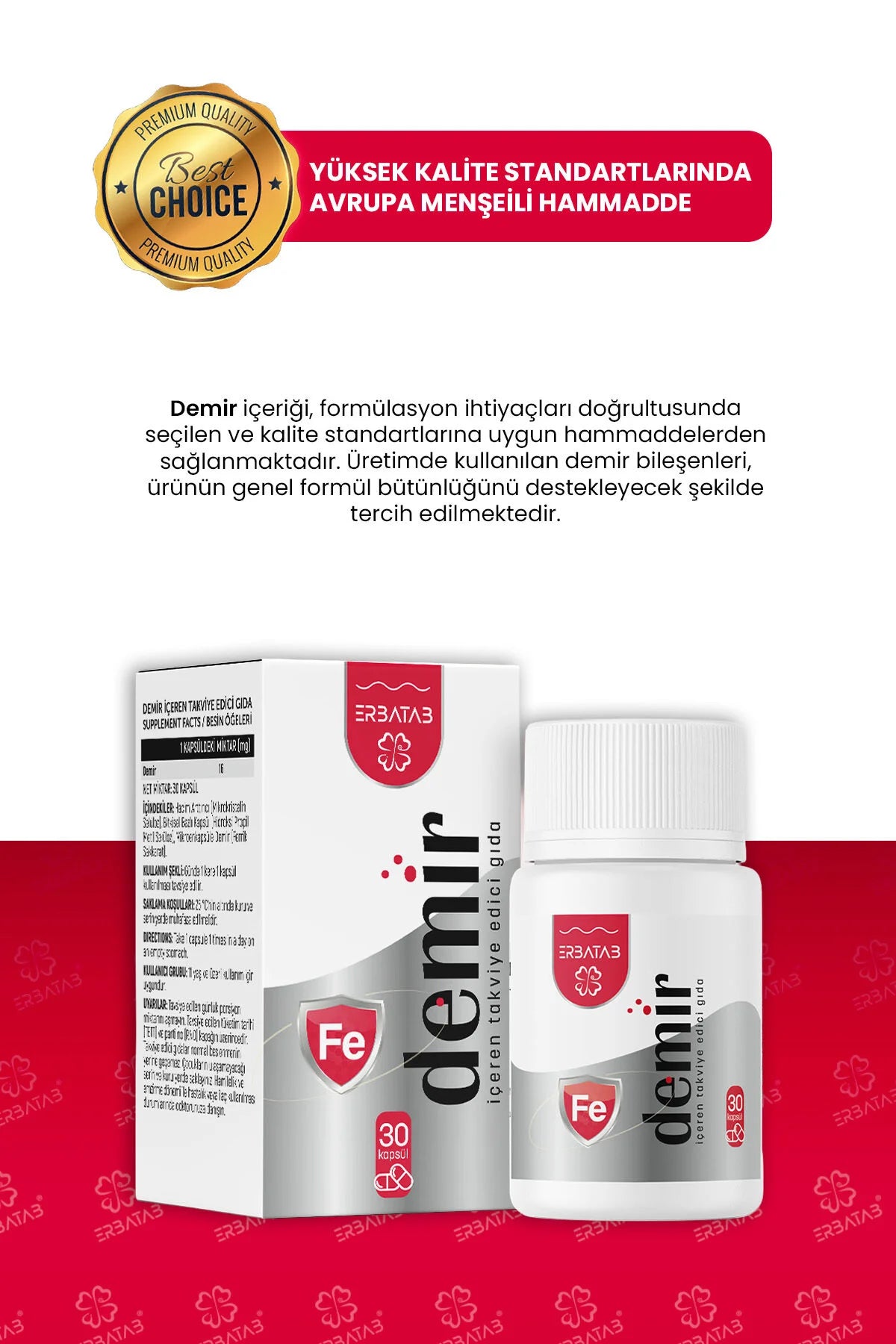 Erbatab Demir – IJzer Supplement 16 mg – Micro-ingekapseld IJzer – 30 Capsules – 1 Maand Voorraad