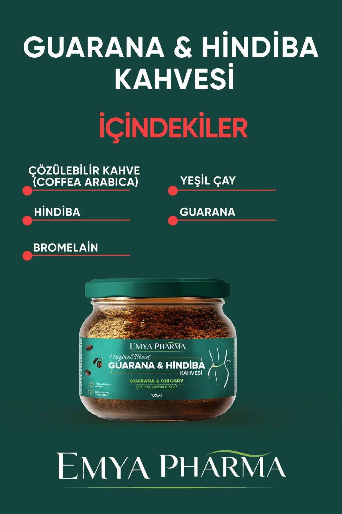 Emya Pharma Guarana & Hindiba Kahvesi – Cichoreikoffie met Guarana, Inuline & Groene Thee Extract – Instant Kruidenkoffie – 100 g