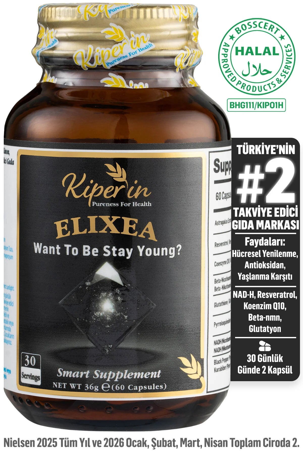 Kiperin Elixea Smart Supplement – Astragalus, Resveratrol, Co-enzym Q10, NMN, Glutathion, NADH & PQQ – 60 Capsules