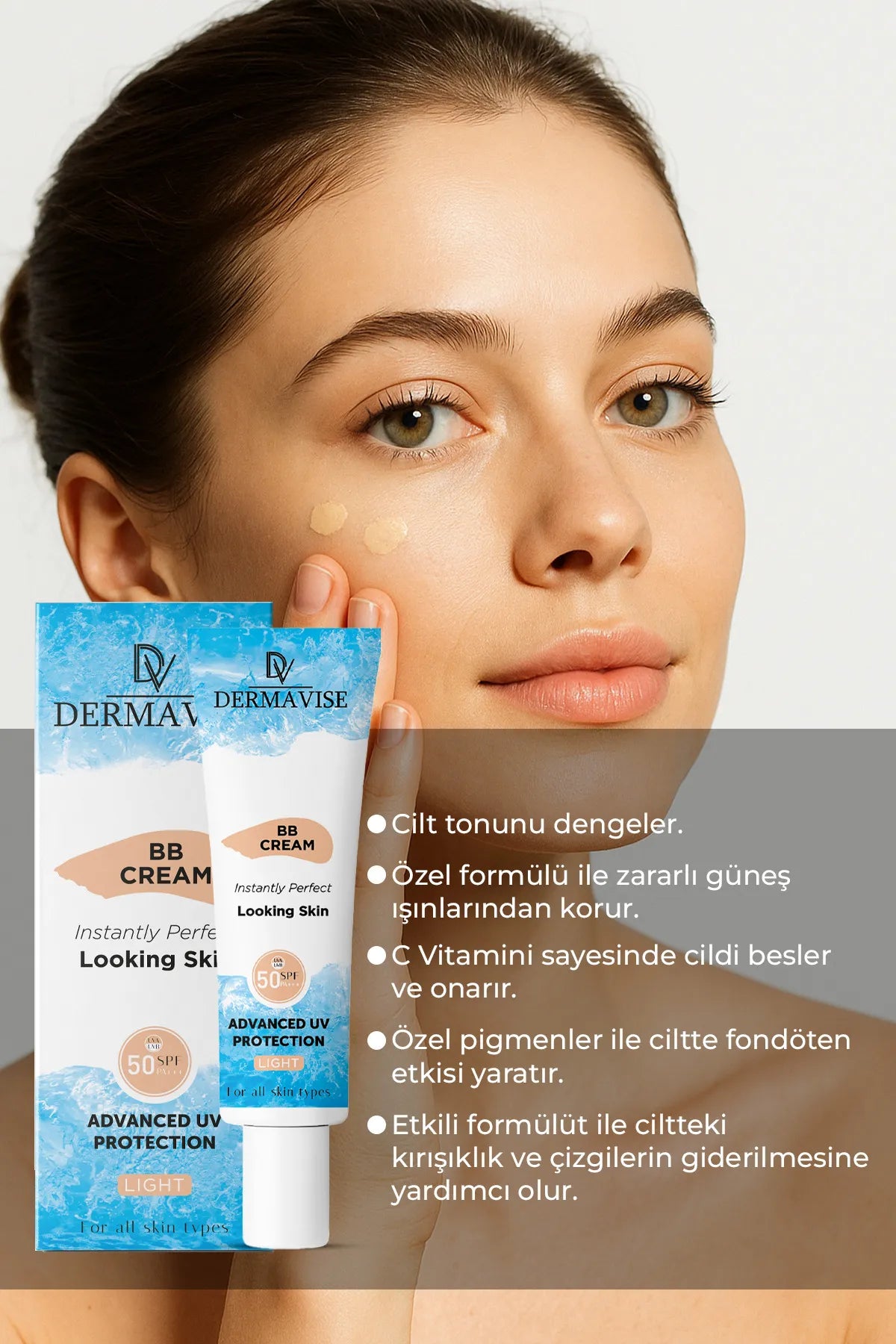 Dermavise BB Crème SPF 50 PA+++ UVA/UVB Bescherming - Licht - Instantly Perfect Looking Skin - Creërt foundation effect - Vitamine C voedt en herstelt - Voor Alle Huidtypen - 50 ml