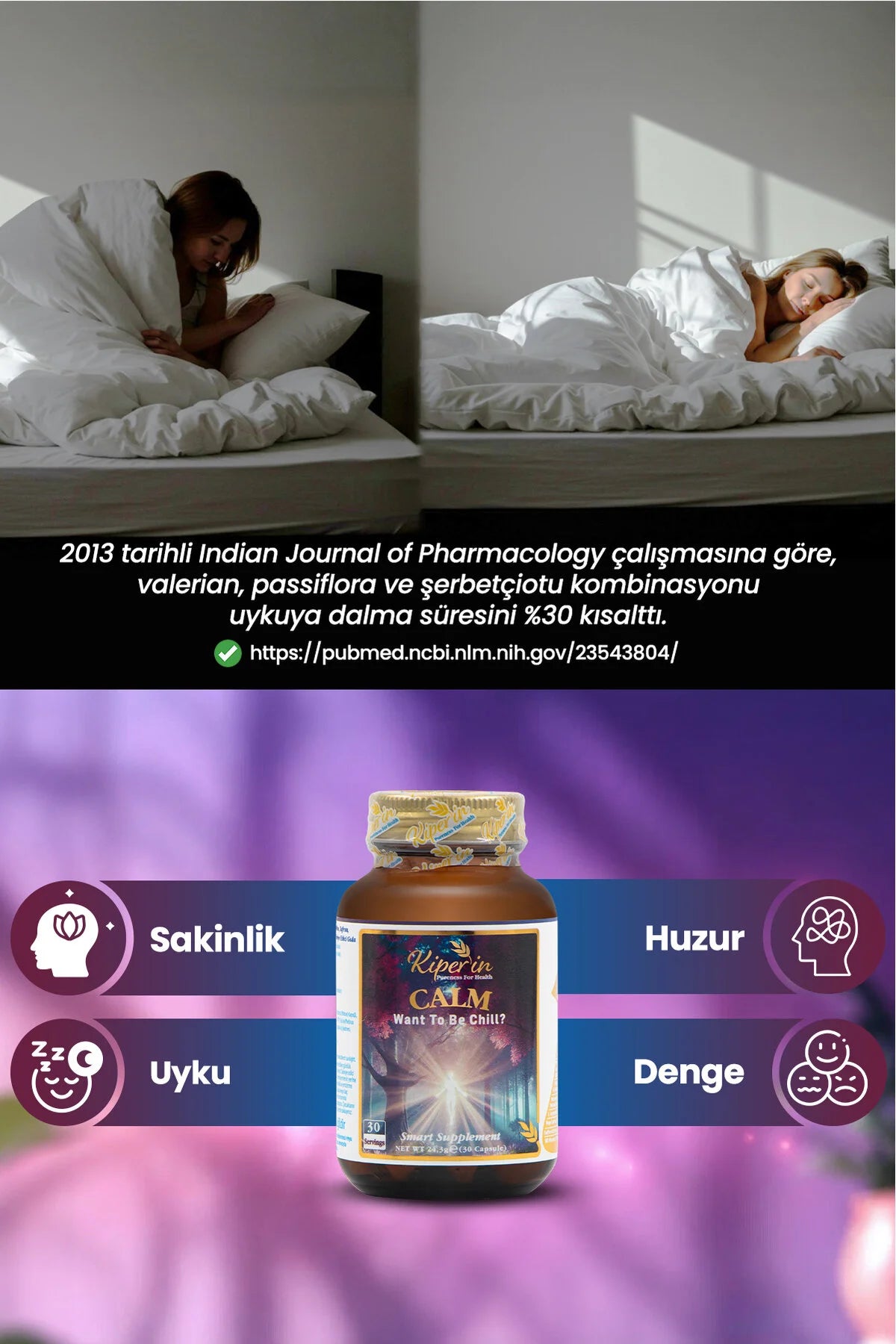 Kiperin Calm 30 Capsules | Valerian, Passiflora, 5-HTP & L-Tryptophan | Met Melissa, Kamille en Saffraan Extract