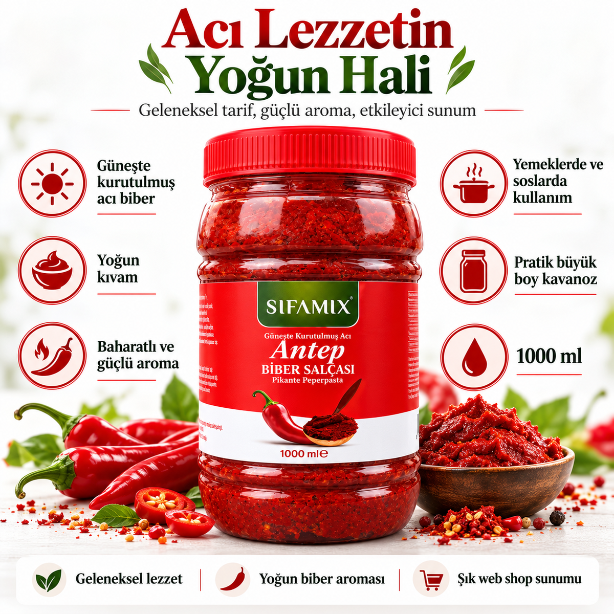 Şifamix Antep Pikante Peperpasta – Zongedroogde Hete Paprikapasta – Met Hete Peper & Zout – 1000 ml