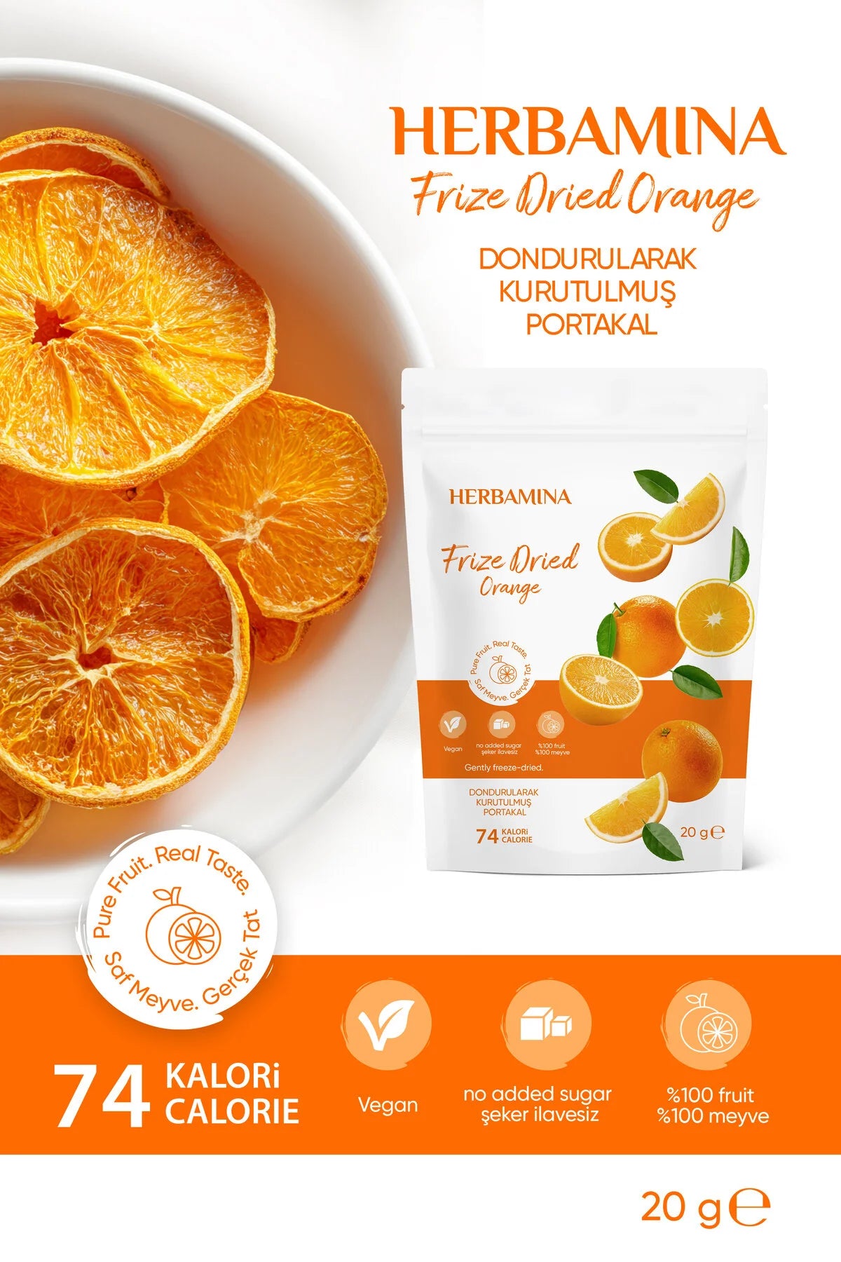 Herbamina Gevriesdroogde Sinaasappel 20g – Freeze Dried Orange Snack – 100% Fruit – Knapperige Fruitsnack – Zonder Toegevoegde Suikers – Vegan