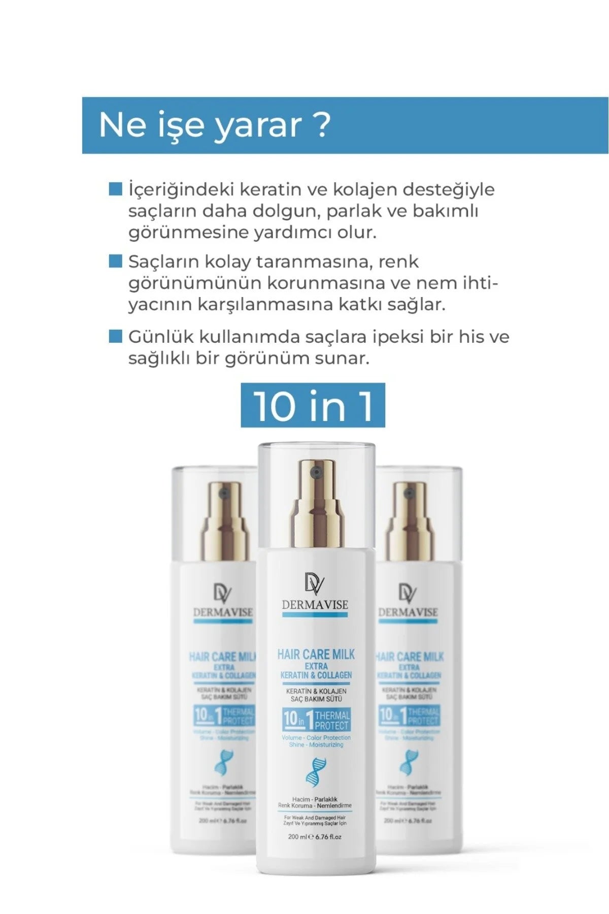 DERMAVISE Hair Care Milk Extra Keratin & Collagen 200 ml | 10-in-1 Hittebescherming en Haarverzorgingsmelk