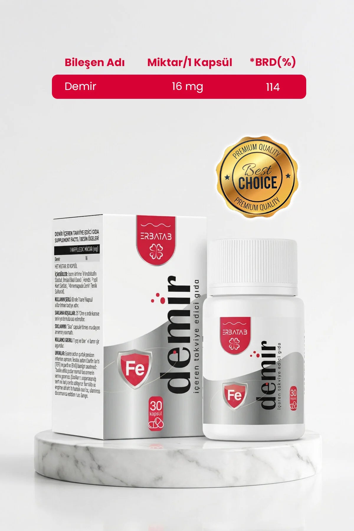 Erbatab Demir – IJzer Supplement 16 mg – Micro-ingekapseld IJzer – 30 Capsules – 1 Maand Voorraad