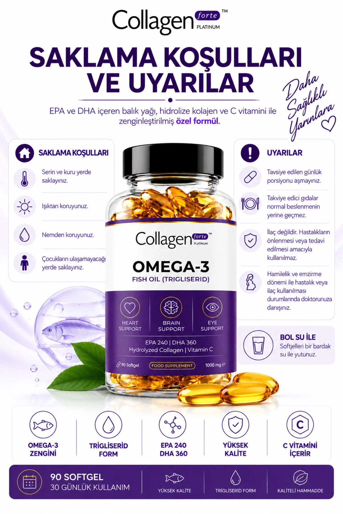Collagen Forte Platinum Omega 3 Visolie – Triglyceride Vorm – EPA 240 mg & DHA 360 mg – Met Viscollageen en Vitamine C – 90 Softgels