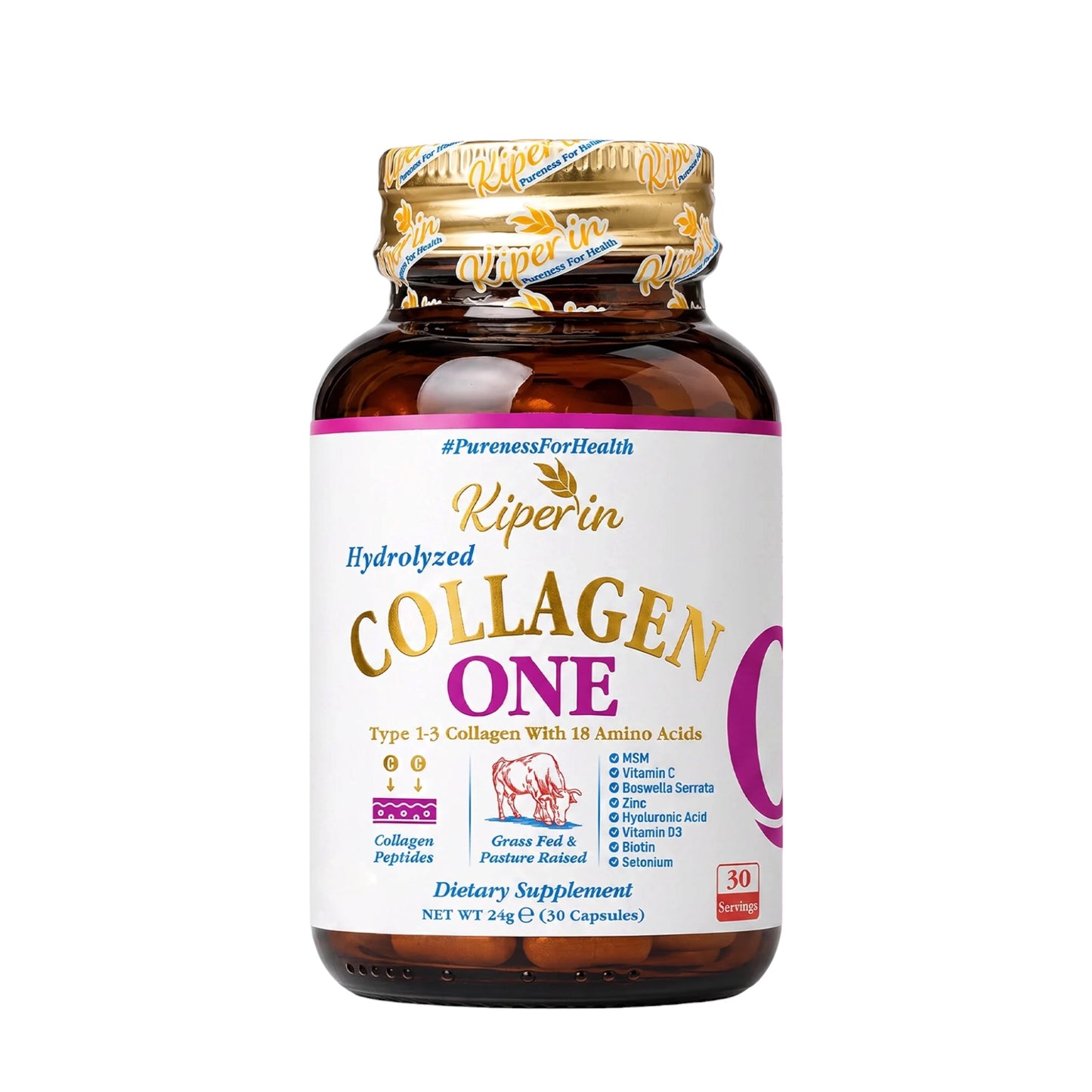 Kiperin Collagen One – Gehydrolyseerd Collageen Type 1 & 3 – met MSM, Vitamine C, D3, Biotine, Zink & Hyaluronzuur – 30 Capsules