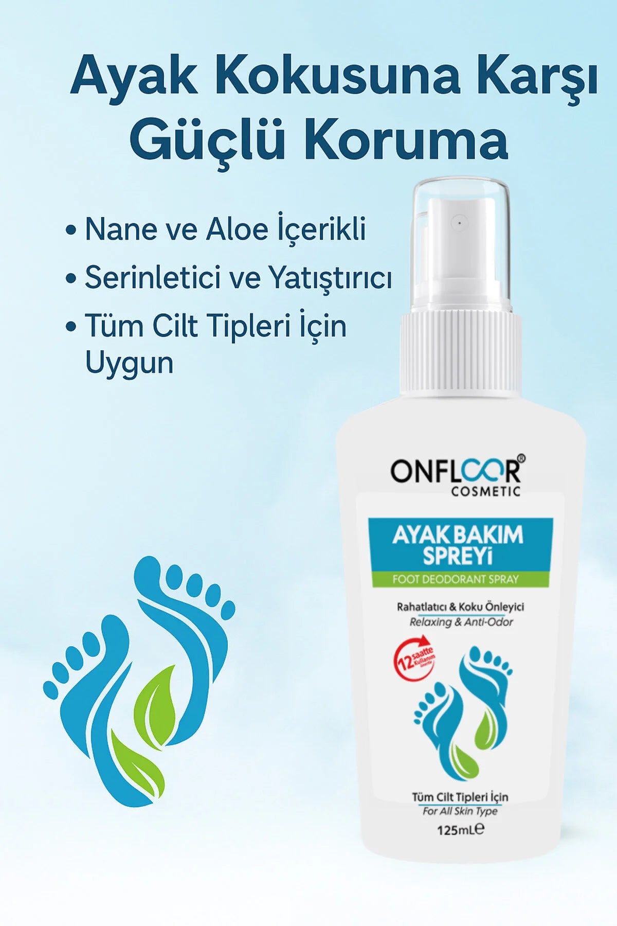 Onfloor Foot Deodorant Spray - Voetverzorgingsspray - Anti-Geur - Verfrissende - Verkoelende & Ontspannende voetverzorging met aloë-extract & munt - Werkt tot 12 uur & Lang fris gevoel - Licht & Draagbaar - Dagelijks gebruik - 125 ml