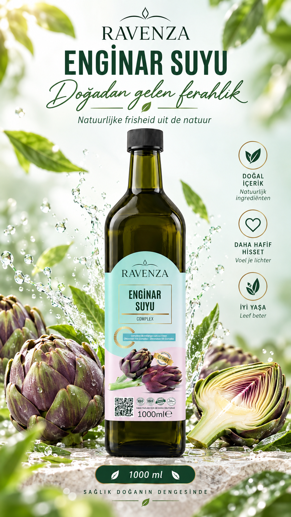 Ravenza Enginar Suyu Complex – Artisjokwater – Geconcentreerde Drank – Zonder Conserveringsmiddelen & Toevoegingen – 1000 ml