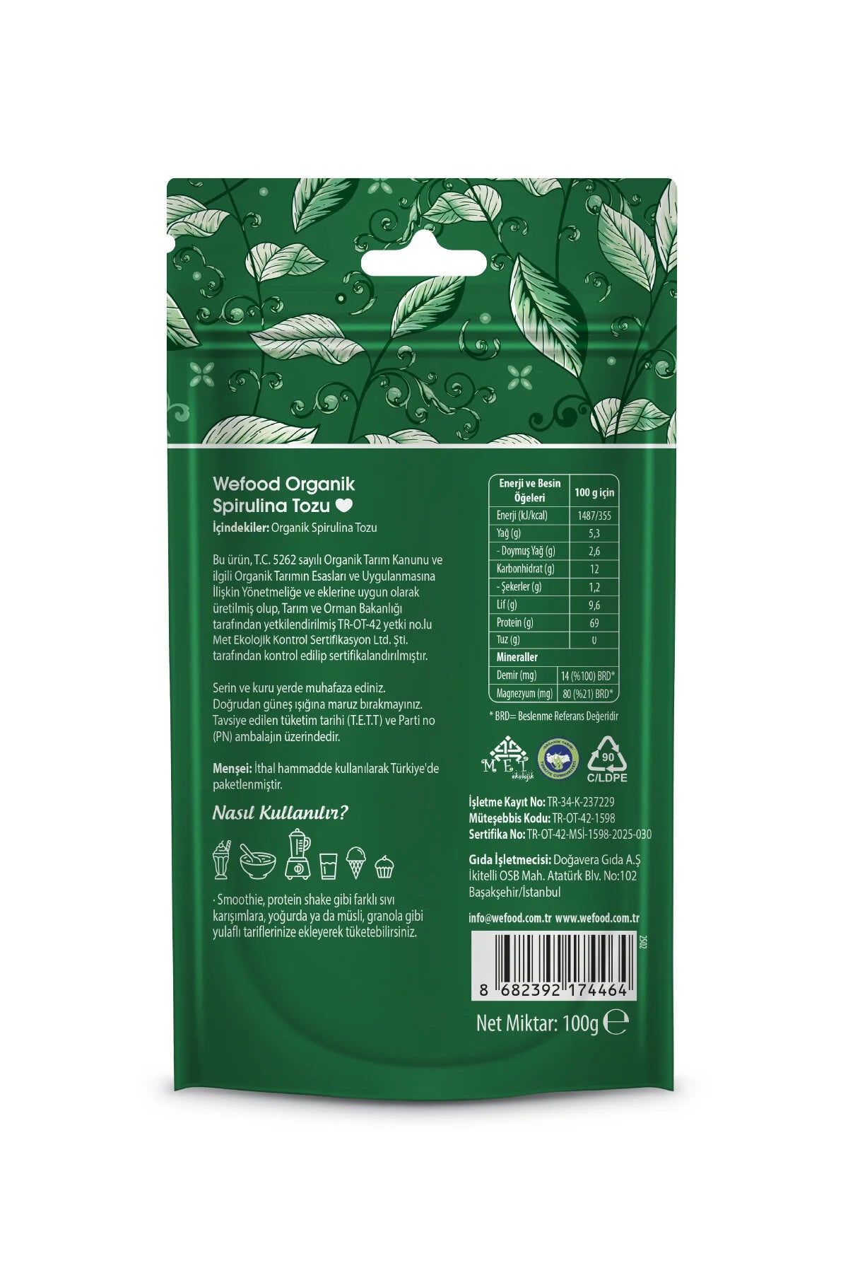 Wefood Spirulina Poeder – 100% Spirulina – Vegan – Eiwitrijk & Vezelrijk – 100 g