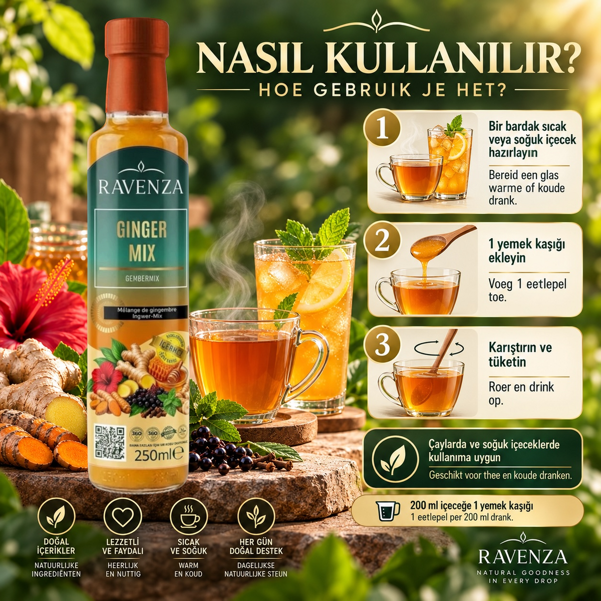 Ravenza Ginger Mix – Gembermix met 30% Gember, Kurkuma, Honing, Hibiscus & Vitamine C – 250 ml