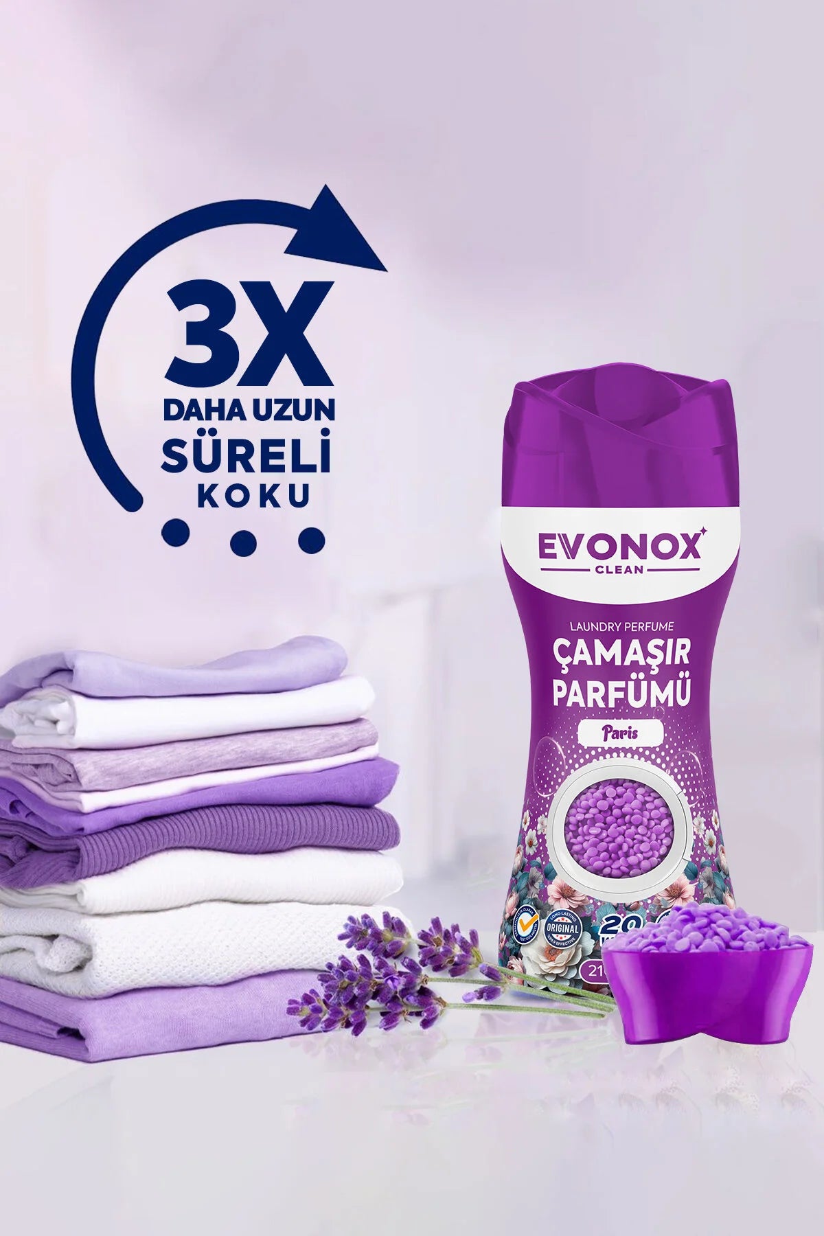 EVONOX Clean Paris Çamaşır Parfümü 210 gr – Çiçeksi Ferah Kokulu In-Wash Scent Booster