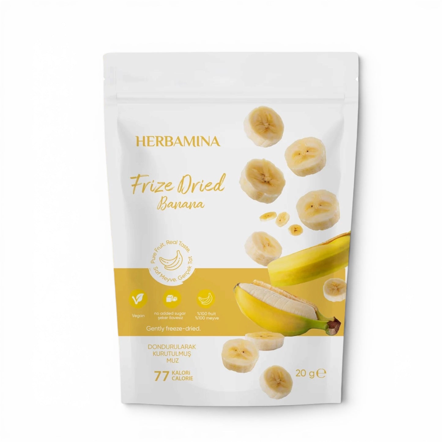 Herbamina Gevriesdroogde Banaan 20g – Freeze Dried Banaan Snack 20g – 100% Fruit – Knapperige Fruit Chips – Vegan & Zonder Toegevoegde Suiker