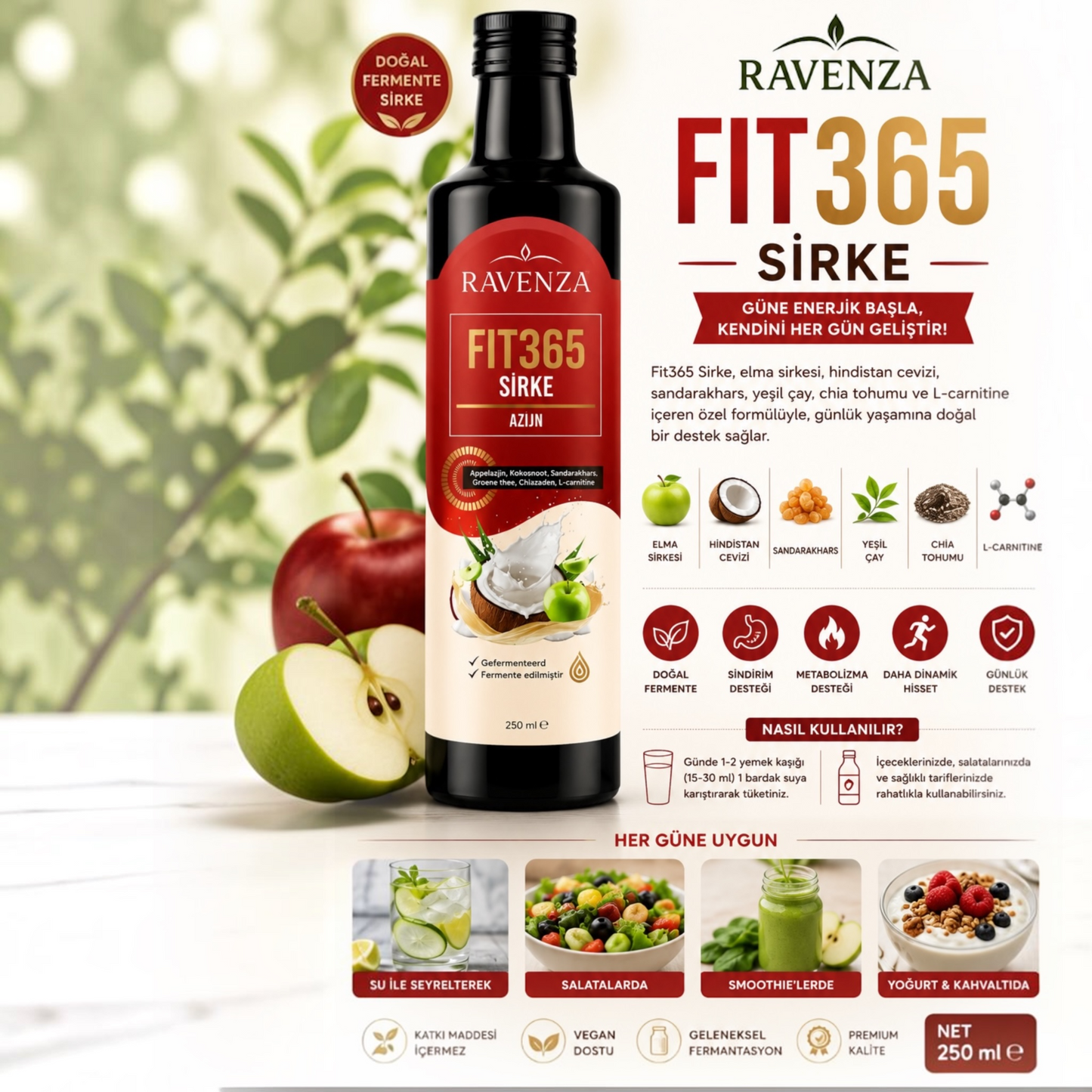 Ravenza Fit365 Azijn 250 ml – Appelazijn met Kokosolie, Chiazaad, Quinoa & L-Carnitine – Natuurlijk Gefermenteerd