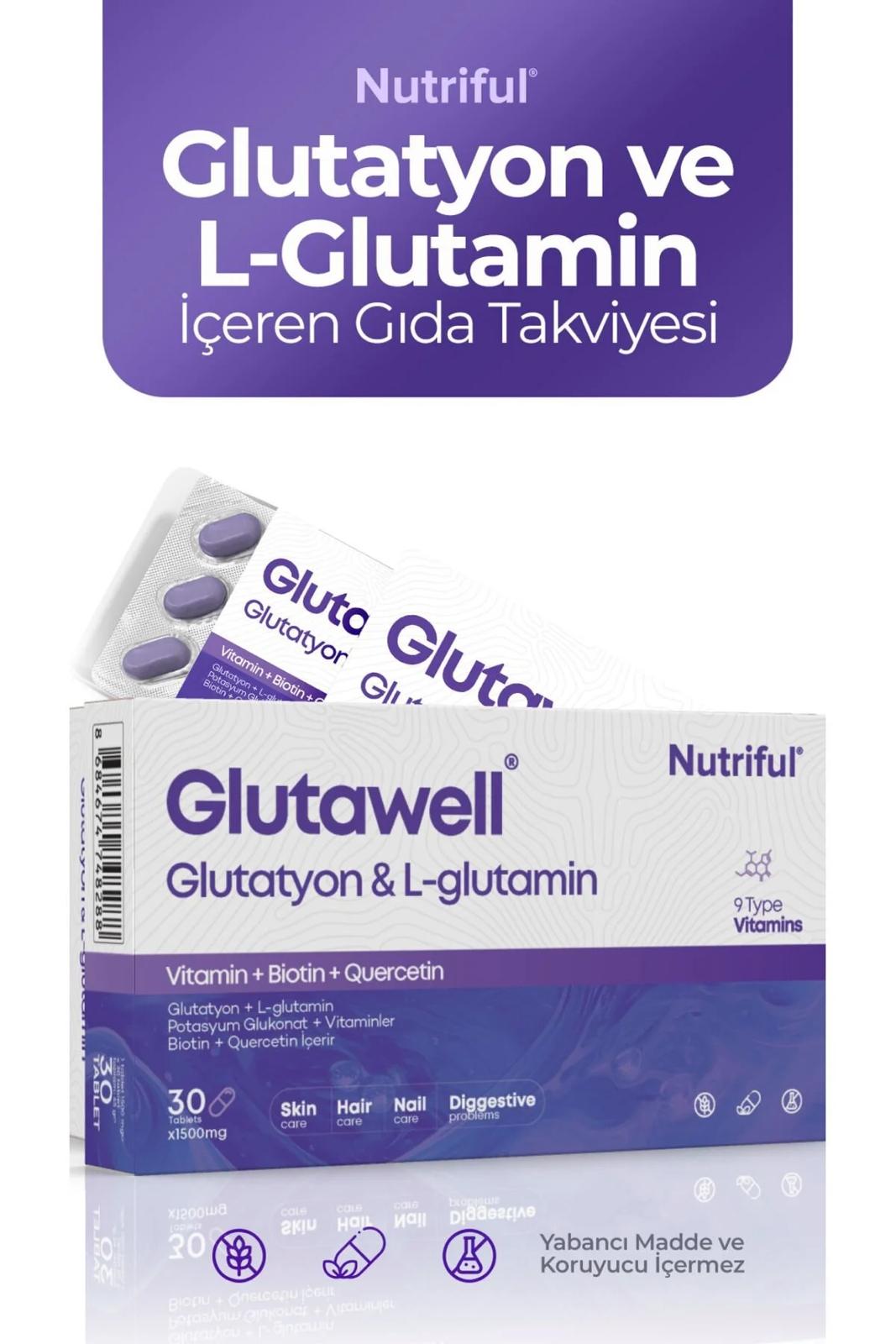 Nutriful Glutawell Glutatyon & L-glutamin - 9 type Vitamine+Biotine+Quercetin - Huid- Haar- Nagelverzorging & Spijsverteringsproblemen - 30 tabletten x 1500 mg