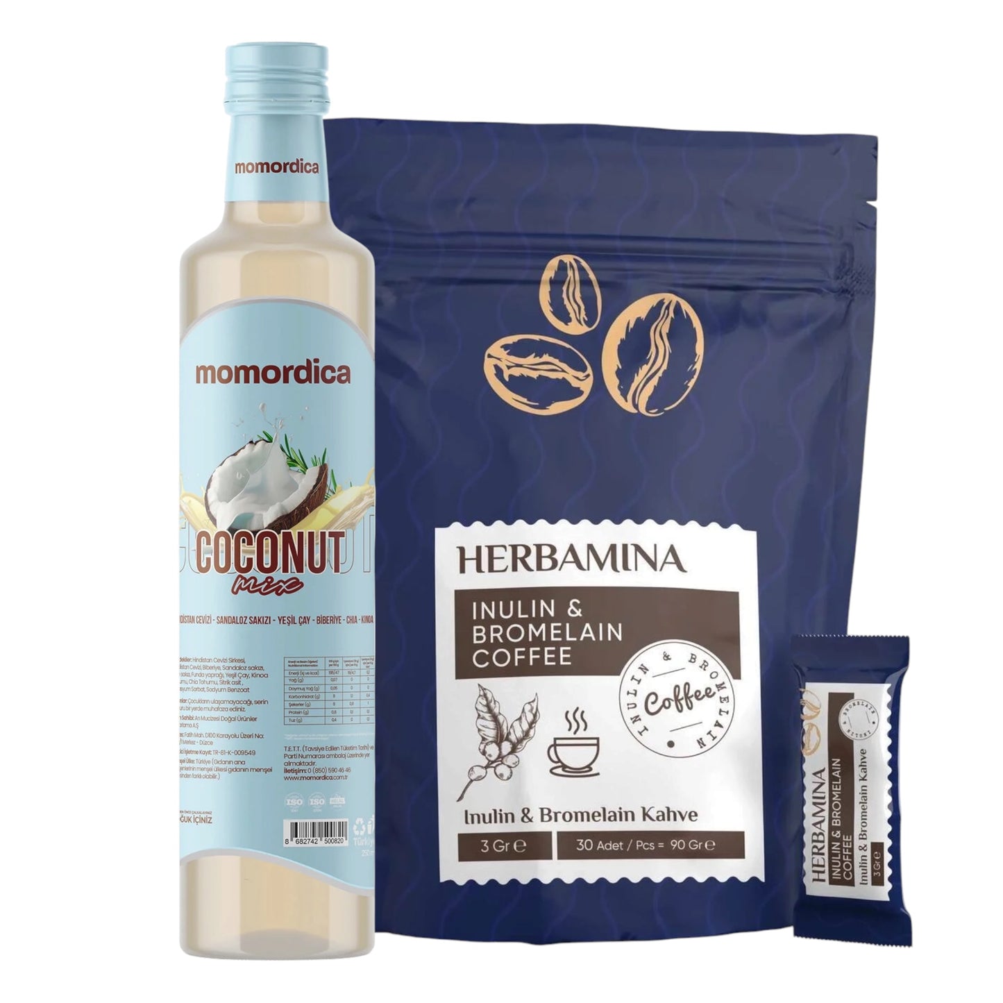 Herbamina Koffie met Inuline & Bromelaïne - 30 Sachets (90 g) + Momordica Coconut Mix 1 fles van 250 ml