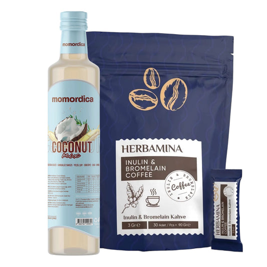 Herbamina Koffie met Inuline & Bromelaïne - 30 Sachets (90 g) + Momordica Coconut Mix 1 fles van 250 ml
