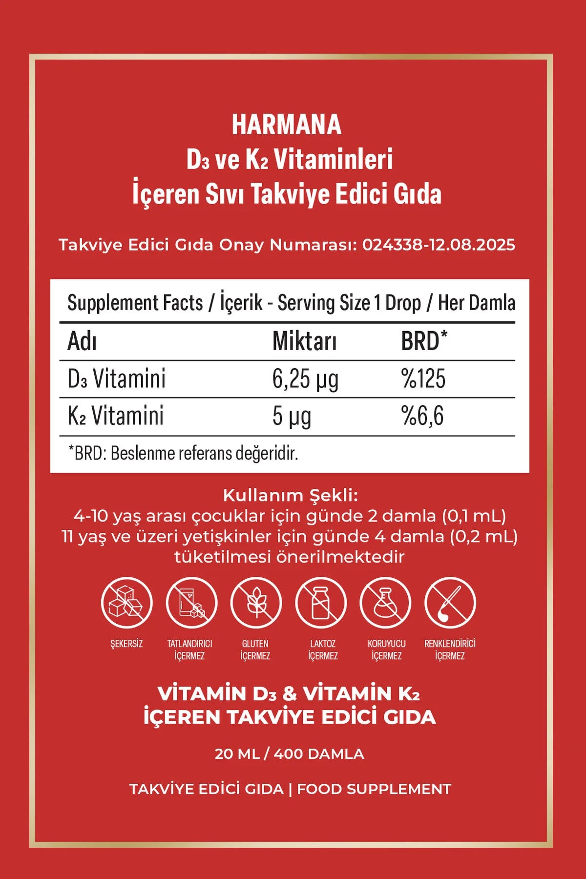 Harmana D3K2 Druppels - Vitamine D3 & K2 Voedingssupplement - 20 ml (400 druppels) - Ondersteunt botten - tanden - immuunsysteem en calciumbalans - Zonder suiker / gluten of lactose