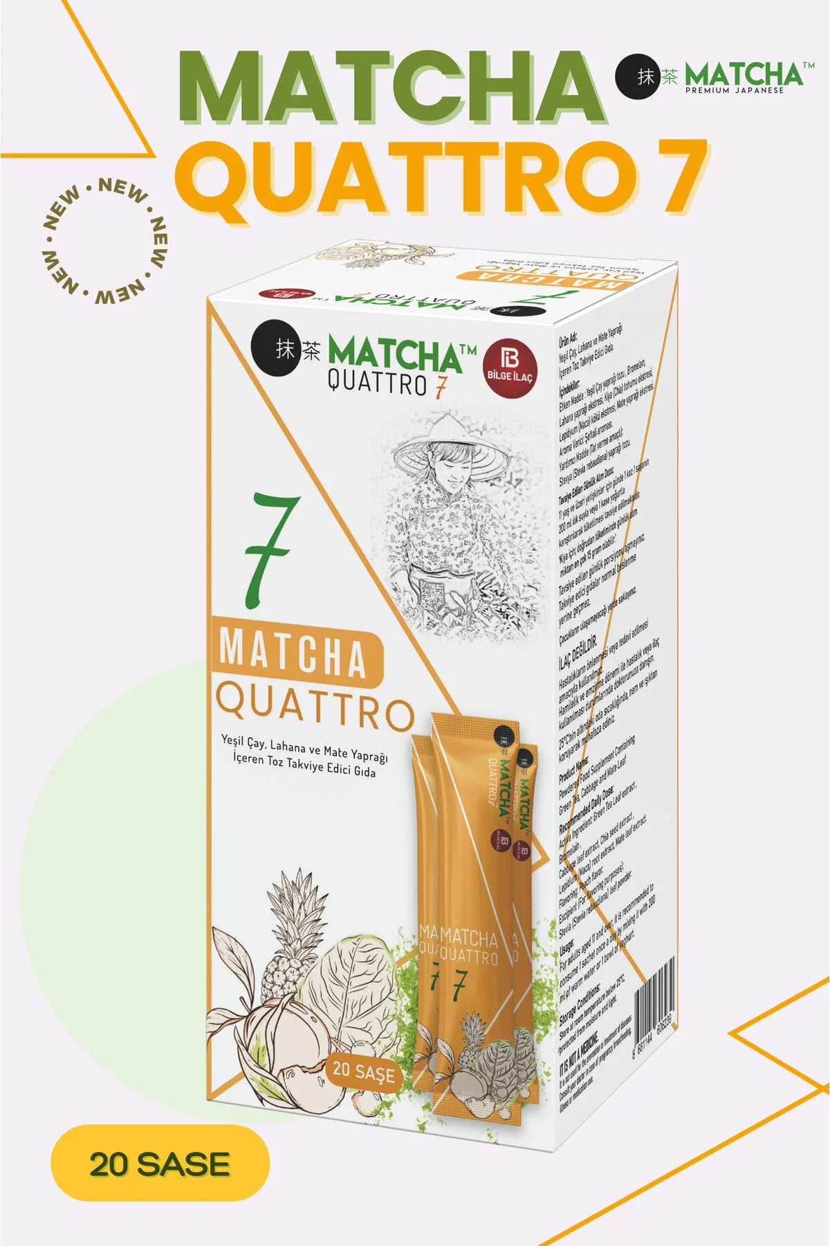 Matcha Premium Japanese Quattro 7 Poeder Sachets – Perziksmaak – Voedingssupplement met Groene Thee & Mate – 20 Stuks