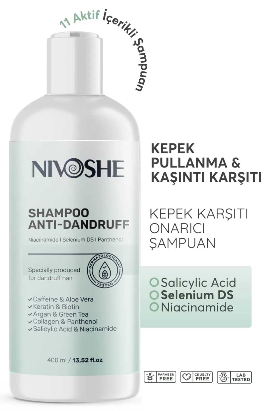 Nivoshe Anti-Roos Shampoo - 11 Actieve Anti-Roos - Tegen Roos & Haaruitval - Met Caffeine/Biotine/Keratine/Arganolie/Groene Thee/Collageen/Panthenol/Salicylzuur/Niacinamide/Aloë Vera & Selenium - Dermatologisch getest - 400 ml