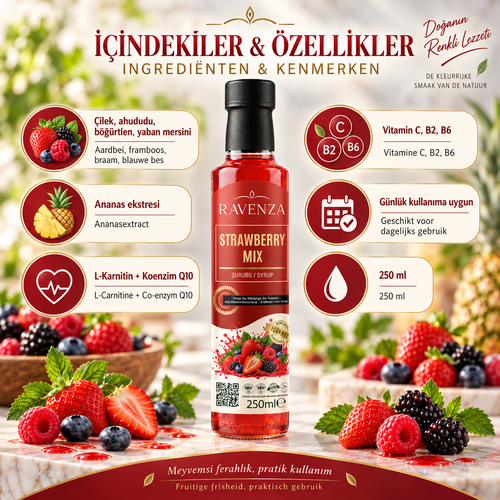 Ravenza Strawberry Mix – Aardbeienmix Siroop met Aardbei, Framboos, Braam & Blauwe Bes – Met L-Carnitine, Vitamine C, B2, B6 & Q10 – 250 ml