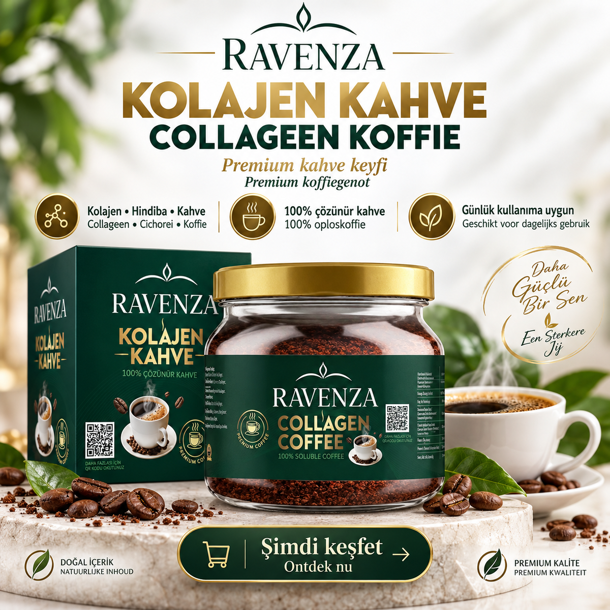 Ravenza Collageen Koffie – Oplosbare Koffie met Chicorei & Collageen – Instant Collagen Coffee – 150 g