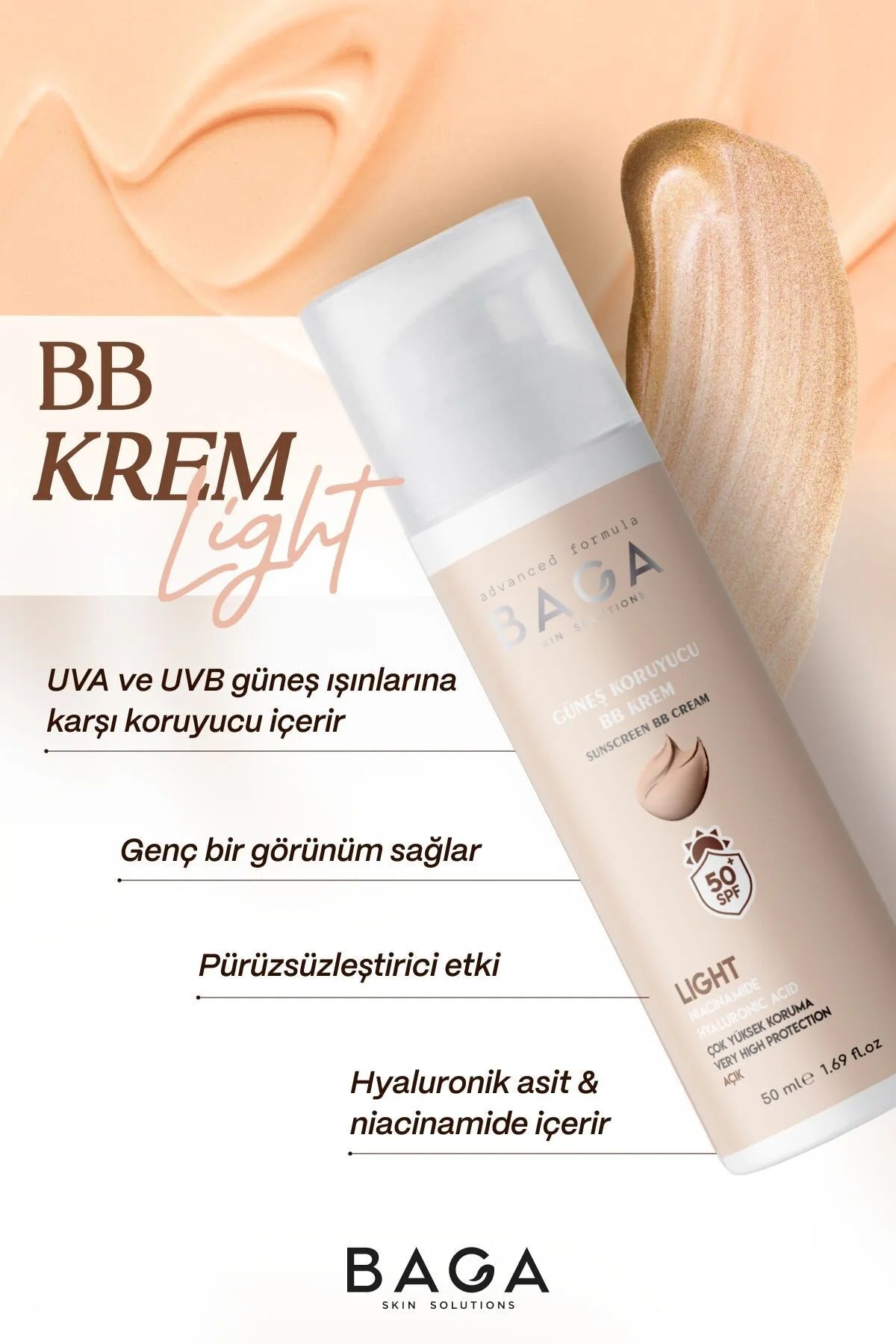 BAGA Sunscreen BB Cream SPF50 Light – Getinte BB Cream met Hoge Zonbescherming 50ml
