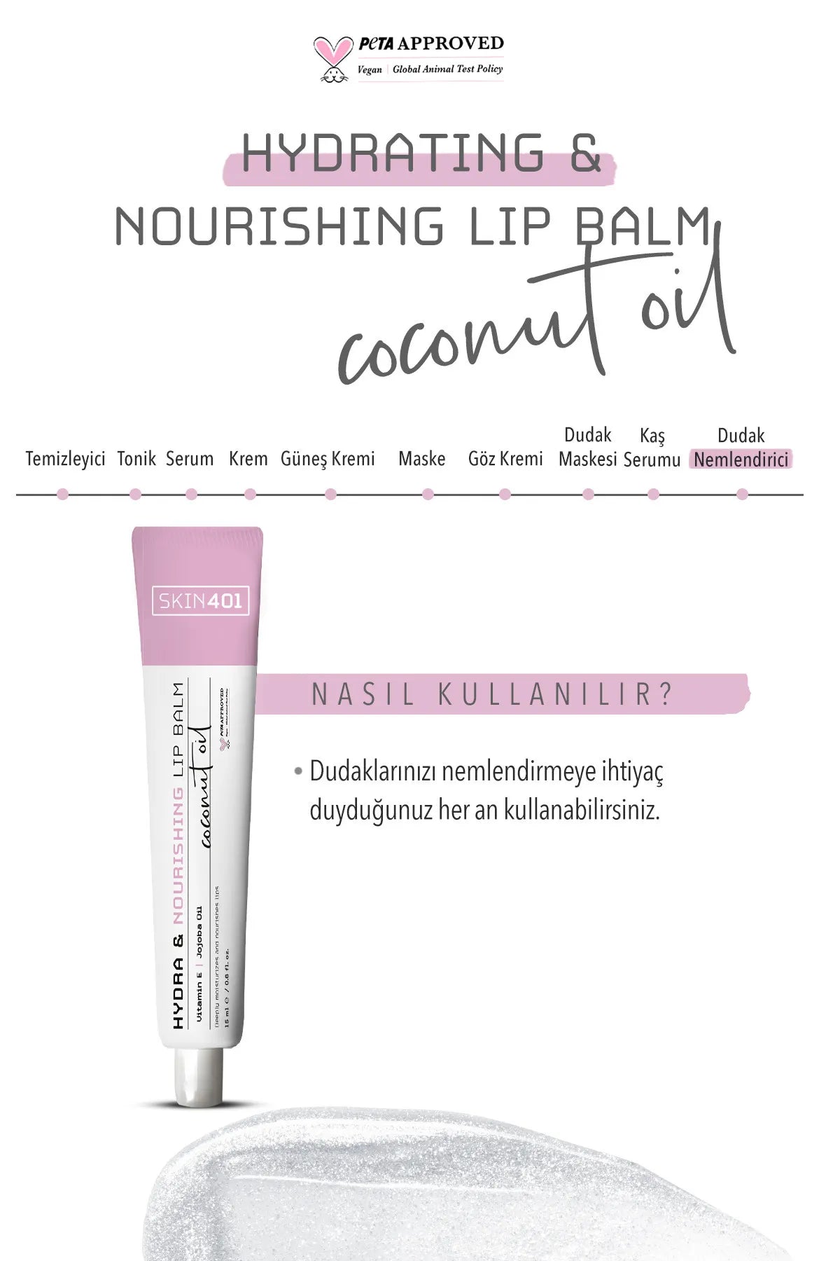 Skin401 Lippenbalsem Lip Balm Hydrating & Nourishing - Vegan - Hydraterende & Verzorgende Lippenbalsem - Vitamine E + Jojoba Oil (kokosolie) - Alle huidtypen -15 ml