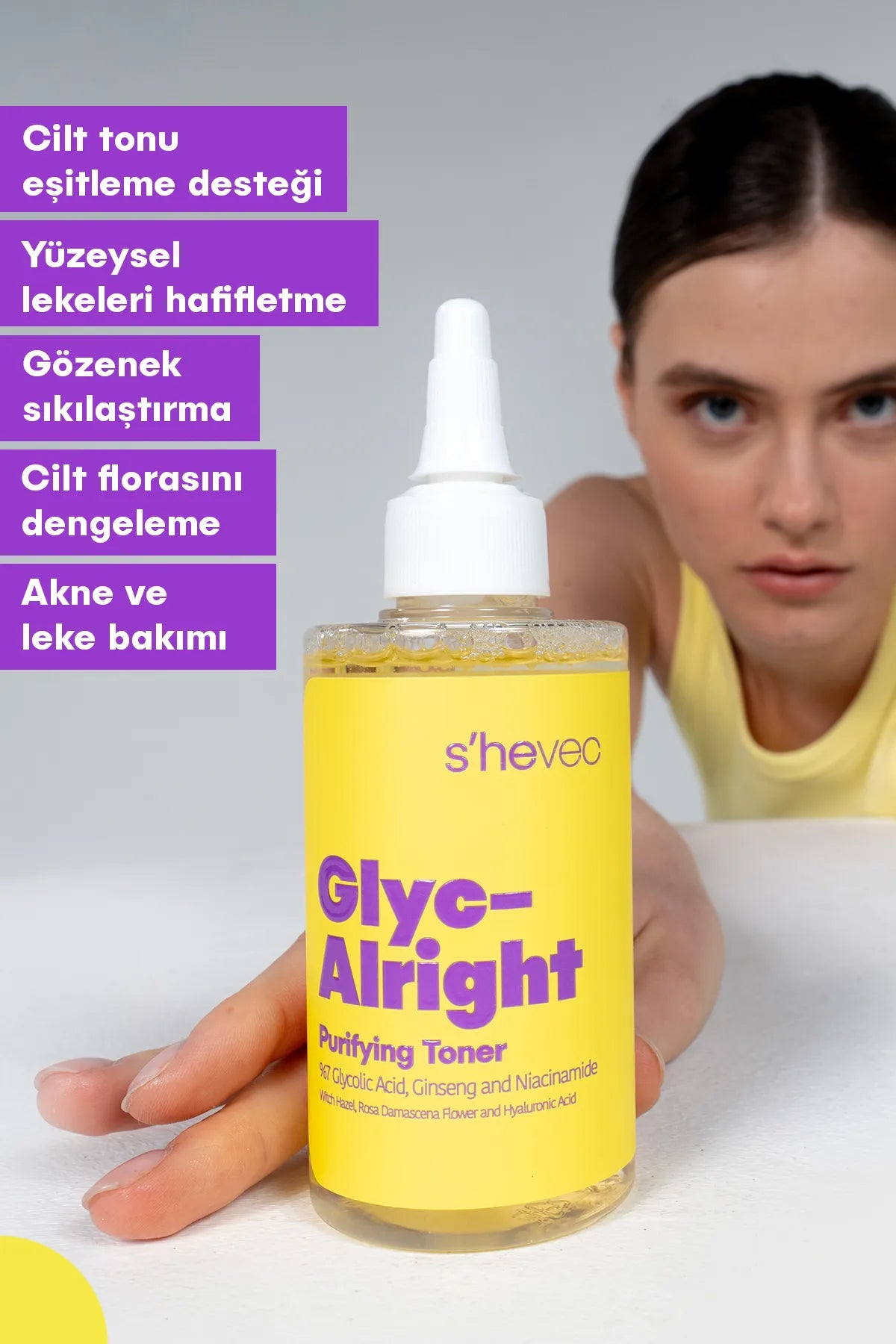 SHE VEC - GLYC ALRIGHT | Poriënverstrakking | anti-puistjes | Ginseng | Tonic voor de hele huid | 200 (ml.) |