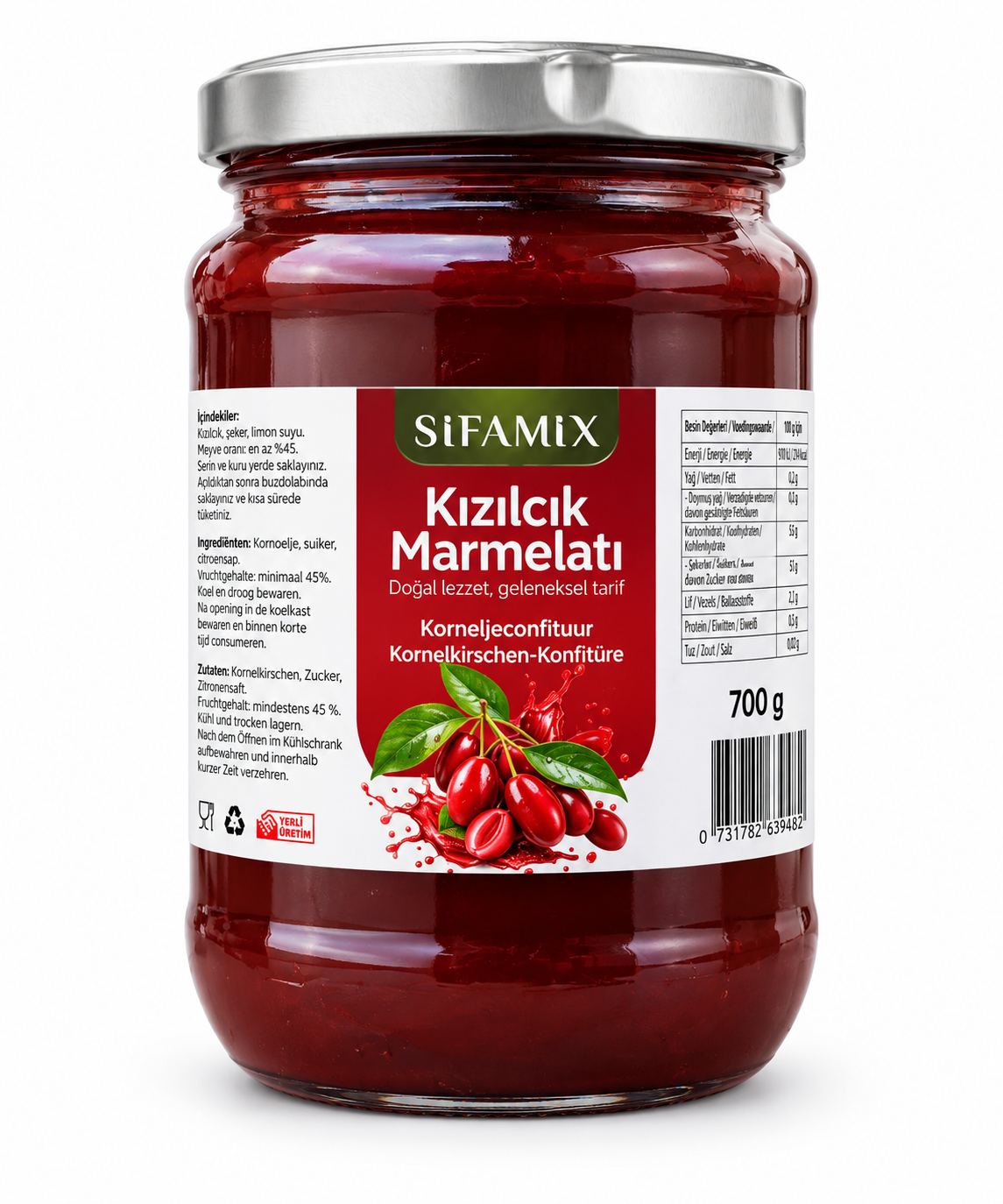 Şifamix Kornoeljeconfituur – Kızılcık Marmelatı – Met Kornoeljekersen & Suiker – Glutenvrij – Zonder Conserveermiddelen en Kleurstoffen – 700 g