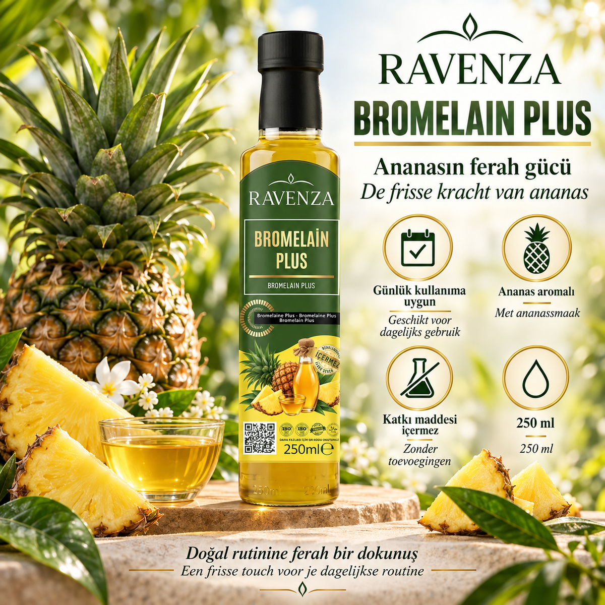 Ravenza Bromelain Plus – Met Bromelaïne, Ananasextract, L-Carnitine, Vitamine C, B2 & B6 – 250 ml