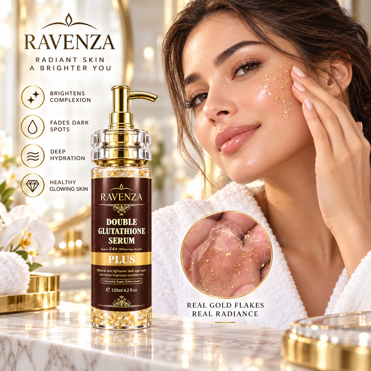 Ravenza Double Glutathione Serum Plus – Gezichtsserum met 24K Gold, Kojic Acid, Niacinamide, Vitamine C & Hyaluronzuur – 120 ml