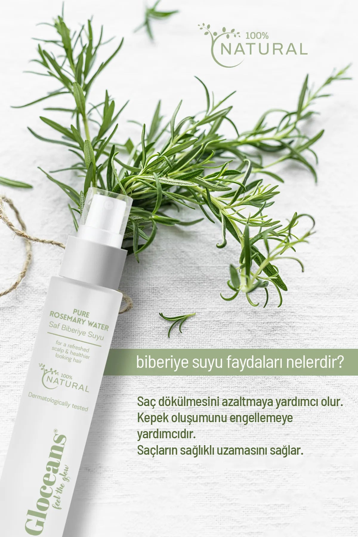 Gloceans Rozemarijnwater Haartonic - Anti-verlies en ondersteunt de haargroei 100% natuurlijk en puur - Dermatologisch getest - 100 ml