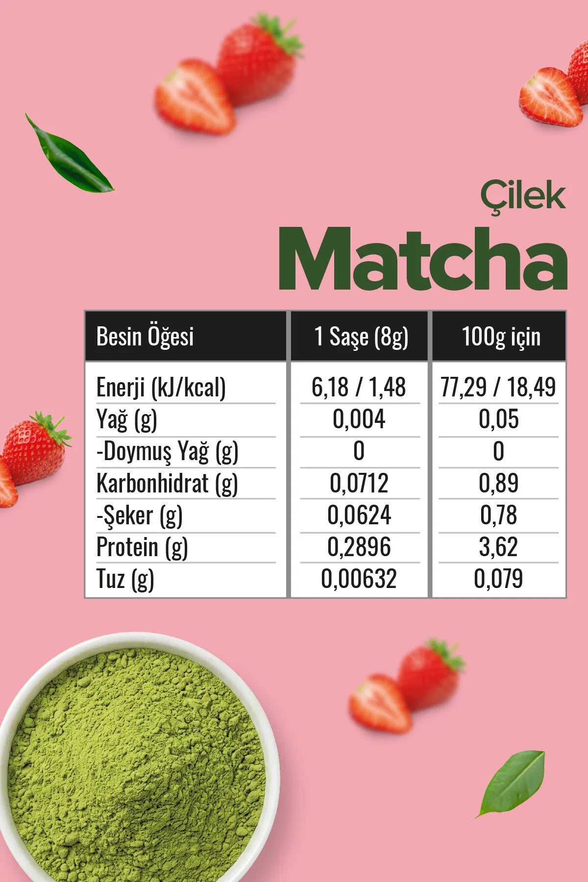 Zühre Ana Matcha Çilek – Groene Thee Kruidenmix met Spirulina & Aardbeiensmaak – 20 Sachets x 8 g