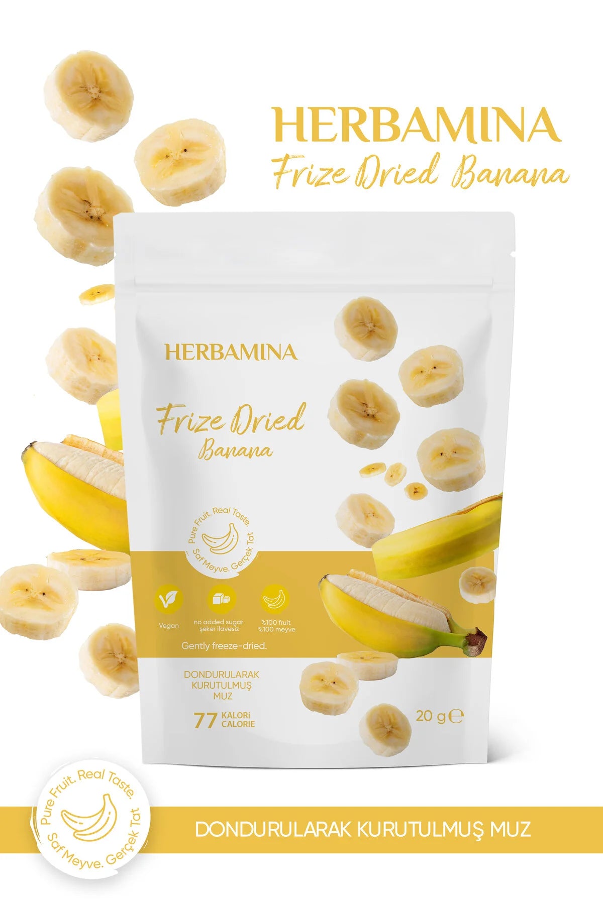 Herbamina Gevriesdroogde Banaan 20g – Freeze Dried Banaan Snack 20g – 100% Fruit – Knapperige Fruit Chips – Vegan & Zonder Toegevoegde Suiker