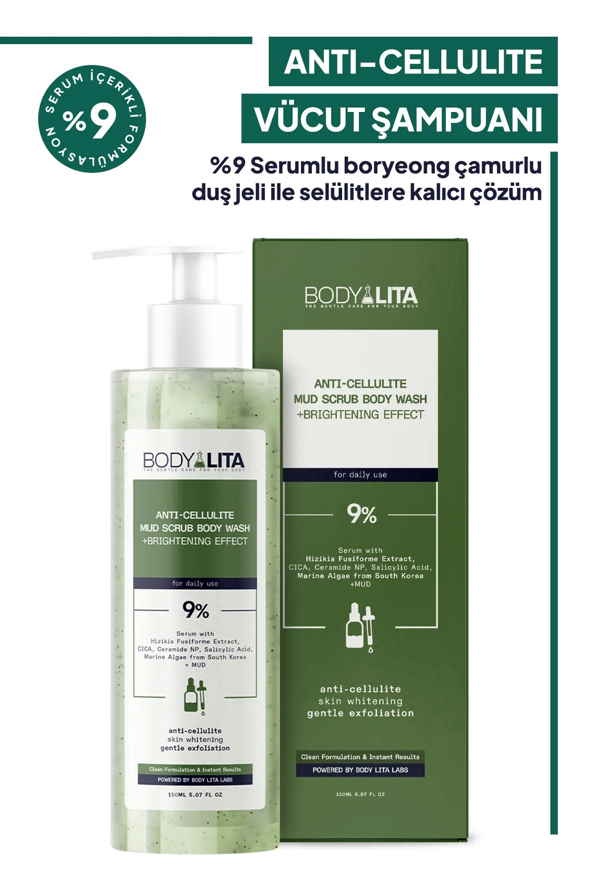 BodyLita Anti-Cellulite Permanente oplossing voor cellulitis met 9% Serum Mud Scrub Body Wash Gel + Brightening (Verhelderend) Effect Schone formule & Directe resultaten - Aangedreven door Body Lita Labs - Vermindert cellulitis in 10 dagen - 150 ml