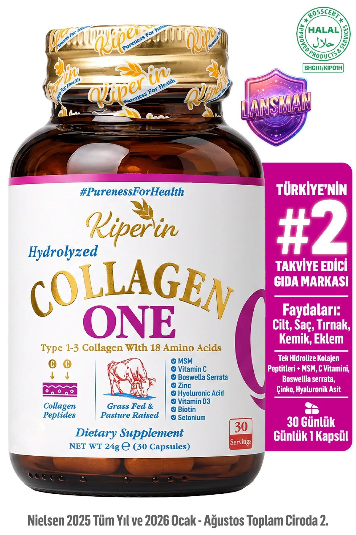 Kiperin Collagen One – Gehydrolyseerd Collageen Type 1 & 3 – met MSM, Vitamine C, D3, Biotine, Zink & Hyaluronzuur – 30 Capsules
