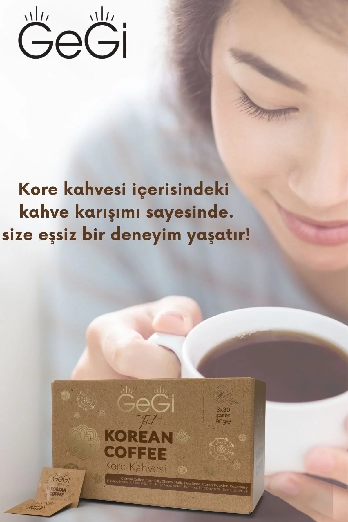 GeGi Fit Korean Coffee – Cichoreikoffie met Lijnzaad, Johannesbrood, Maïszijde, Kersensteel & Rozemarijn – 30 Sachets x 3 g – 90 g